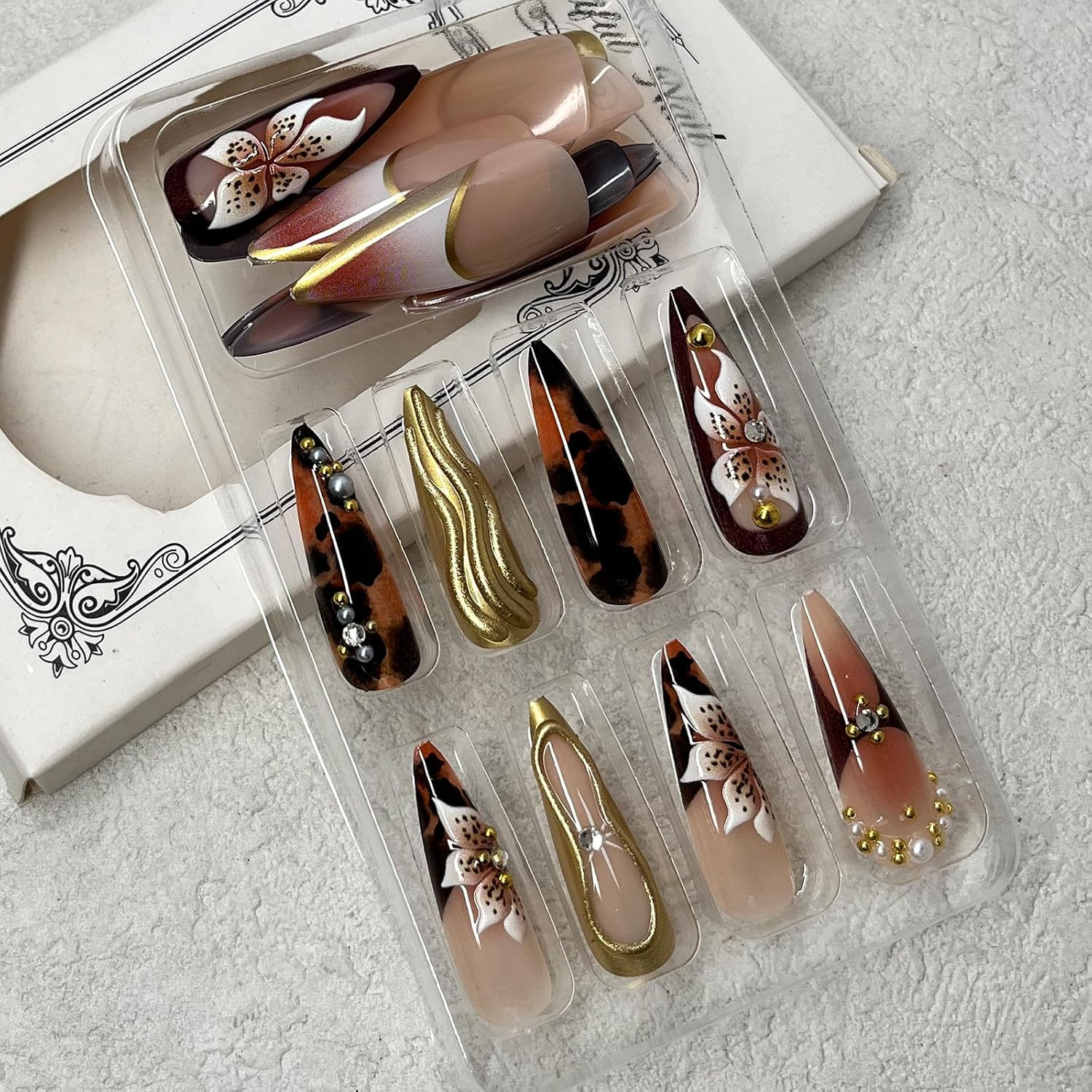 Brown Press on Nails Long Almond Fake Nails with Rhinestones Designs 3D Gold Tex