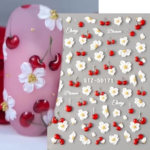 Flower Nail Art Stickers Spring Flower Nail Decals 2PCS 5d flower cherry design