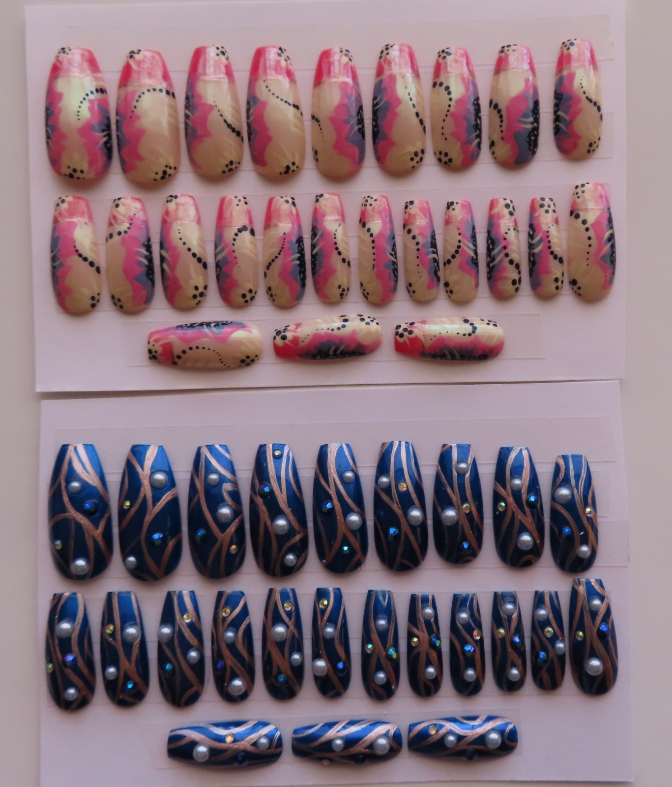 (2) Set Pink Blue Black Abstract Flower | Blue Pearl Ballerina Press-On Nails