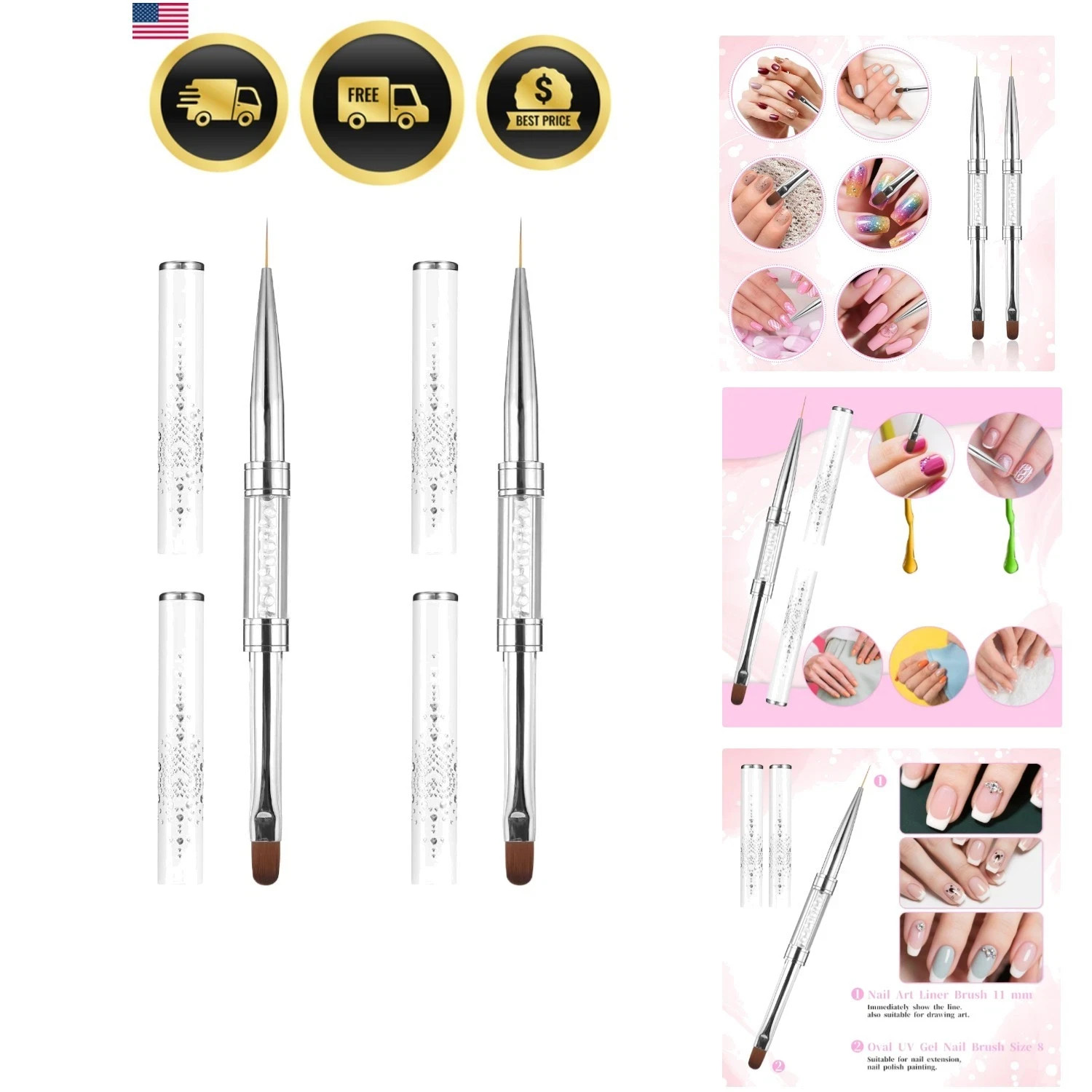 2 Pcs Double Ended French Tip Brush Hard Gel, Nail Builder Gel Brush, Brush L…
