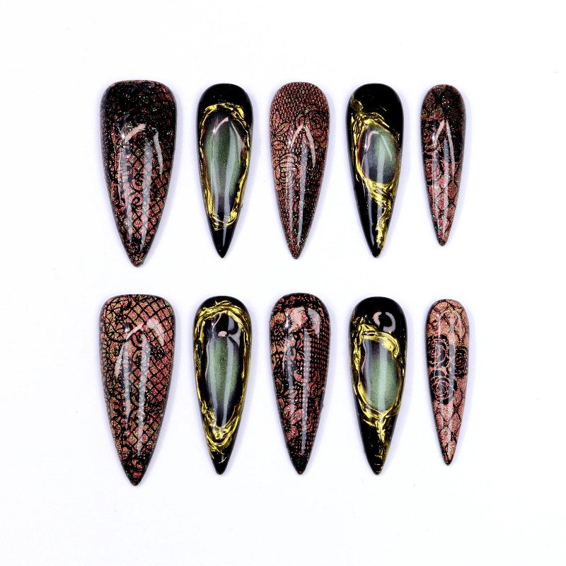 Red Rose Handmade Press on Nails Mesh Gold Swirl Vintage Shimmer Fake Nails