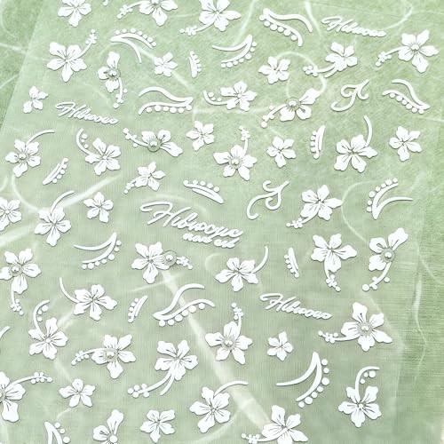 White Hibiscus Flower Nail Stickers 5D Embossed Self-Adhesive Floral Pearl