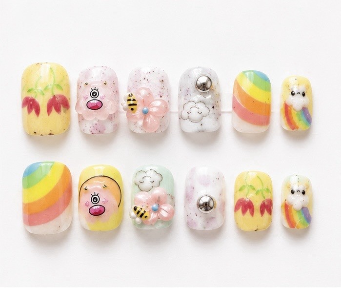 Kids 3D Rainbow Press On Nails 12PCS with Adhesive Tabs Cute Fake Nails for Girl