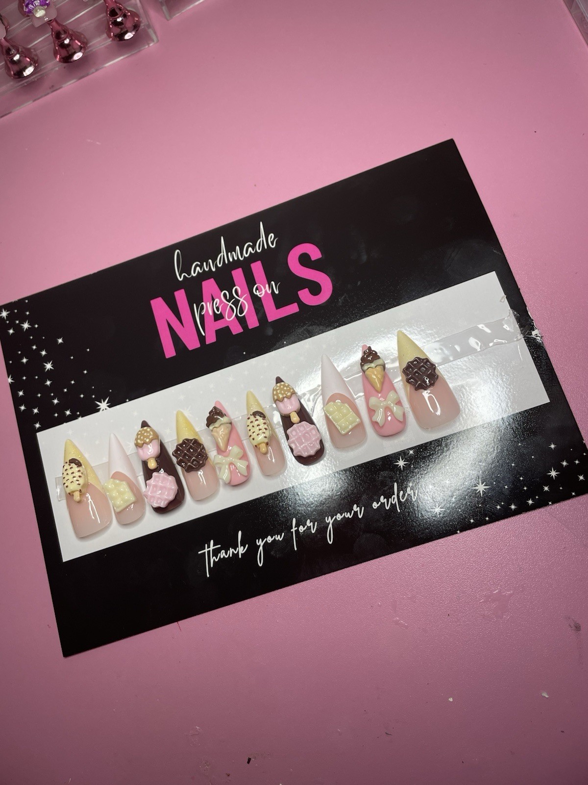 Pink Nude Brown White 3D Ice Cream Press-On Nails Long Stiletto Full Cover Set