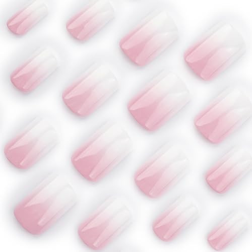 24Pcs Ombre Press on Nails Medium Square Acrylic Fake Nails Pink White Style34