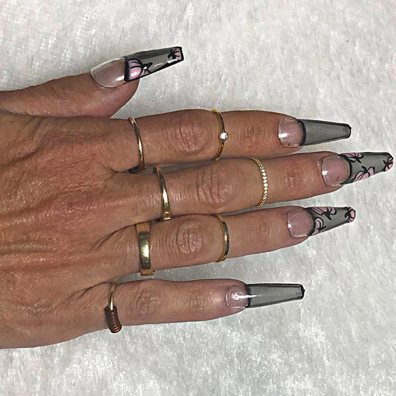 Pink pumpkins on sheer black- Press on nail set- Size 0-8, Ex-long Ballerina