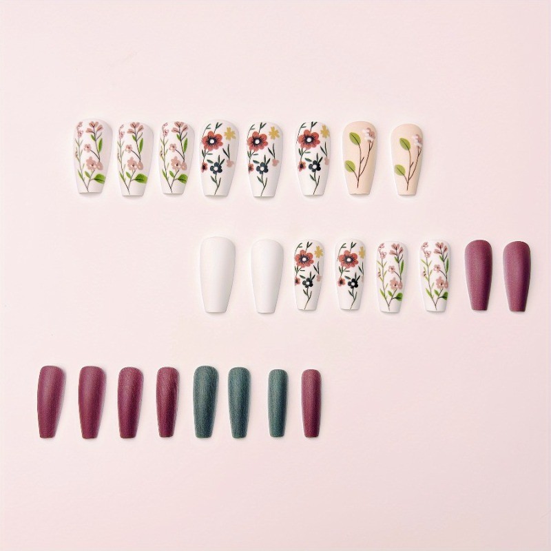 48PCS Side Women’s Nail White Series Brown Red Line Ballet Shaped Fake Nail Art