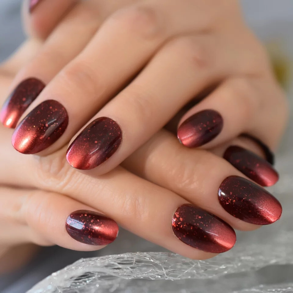 24 Medium Press on Nails kit glue on red galaxy ombre dark glitter