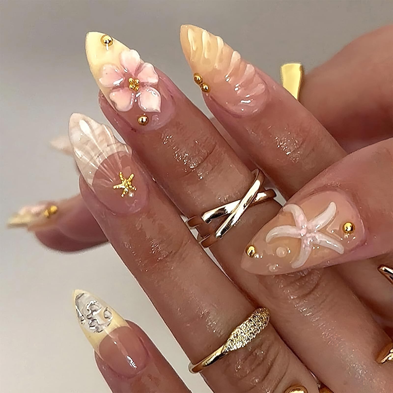 Jremg Flower Press on Nails Medium Almond Fake almond, Multicolor