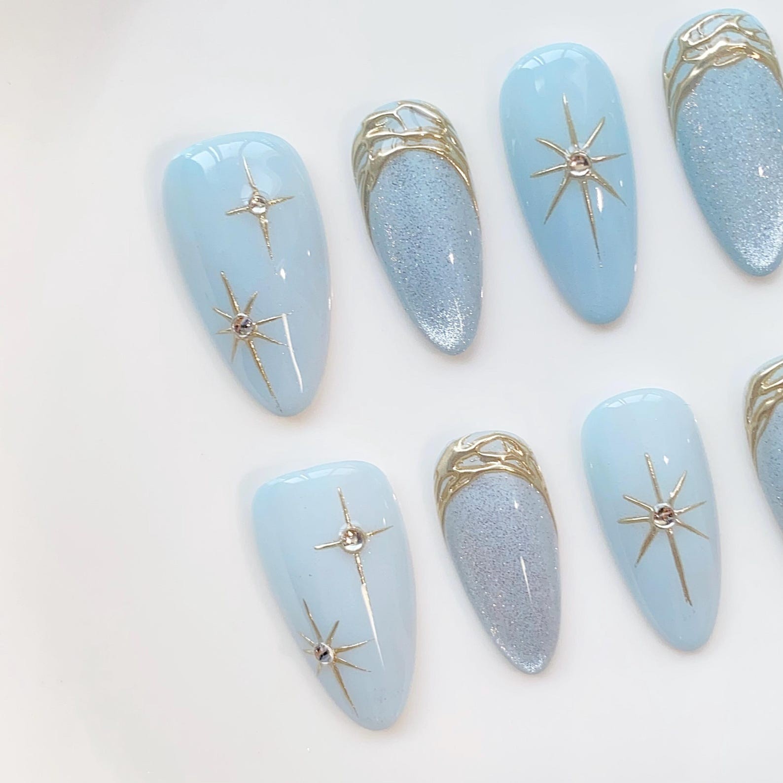 Handmade Light Blue Star Rhinestone Gold Glitter Medium Almond Press on Nails
