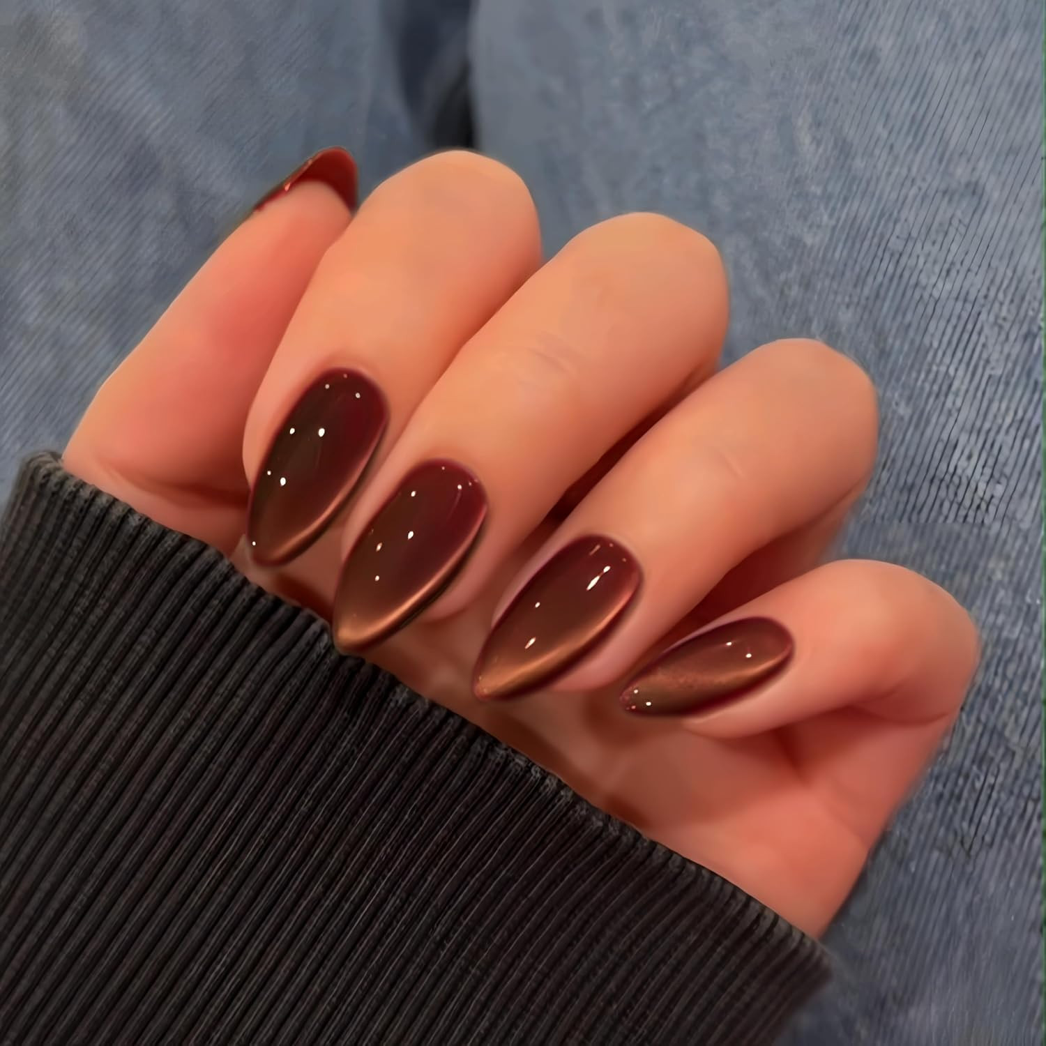 Cat Eye Warm Brown Press on Nails Almond, Glitter Press on Nails Medium, Sparkly