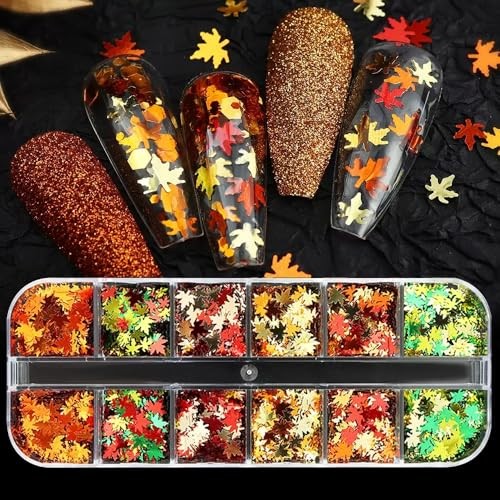 12 Grids Fall Nail Glitters 3D Gold Maple Leaf Nail Sequins with Autumn