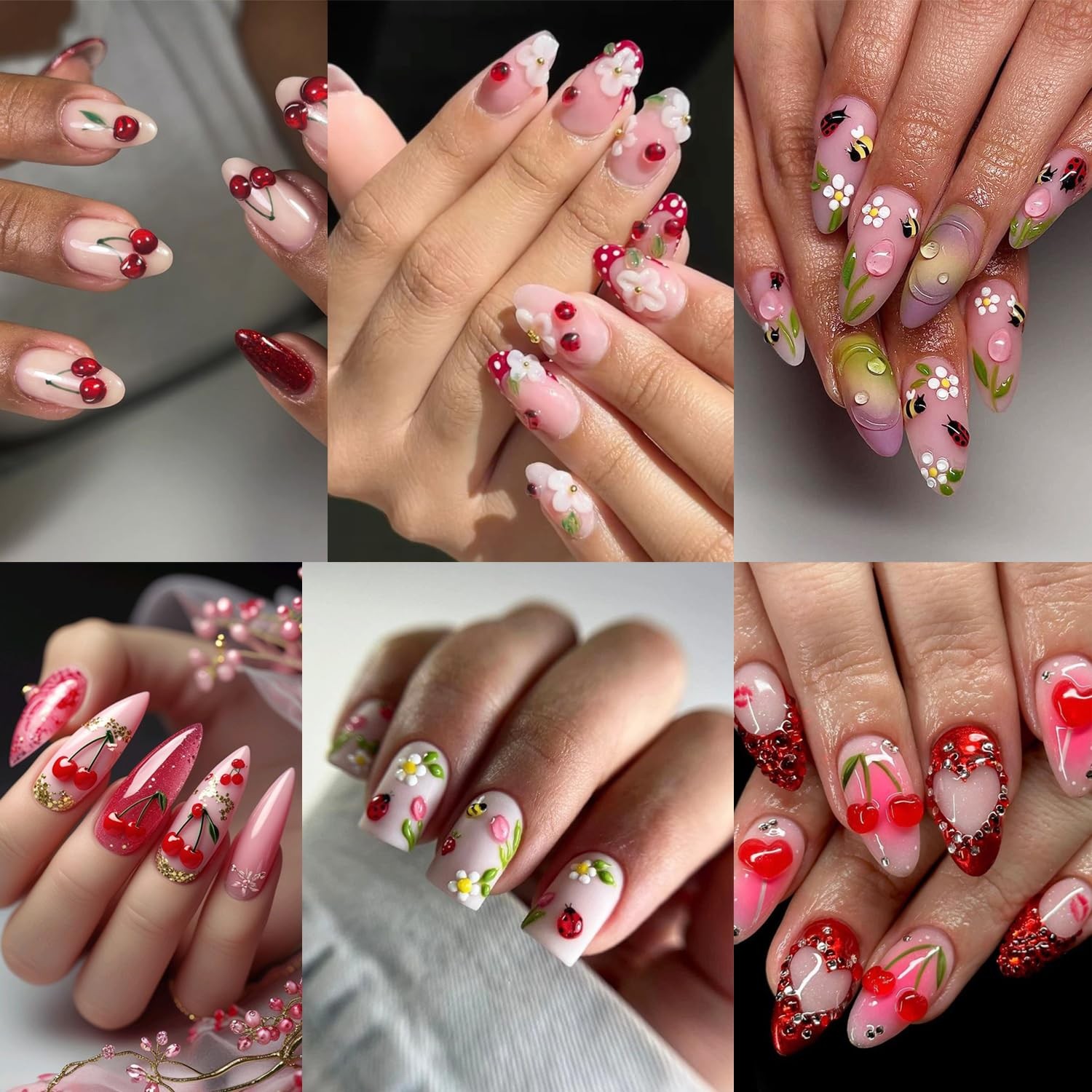 2 Sheets Embossed Fruit Nail Stickers for Nail Art Self-Adhesive Cherry 5D Na…