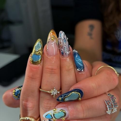 Almond Press On Nails Gold 3d Gold Glitter Ombre Design ​Date Night Nails Blue1