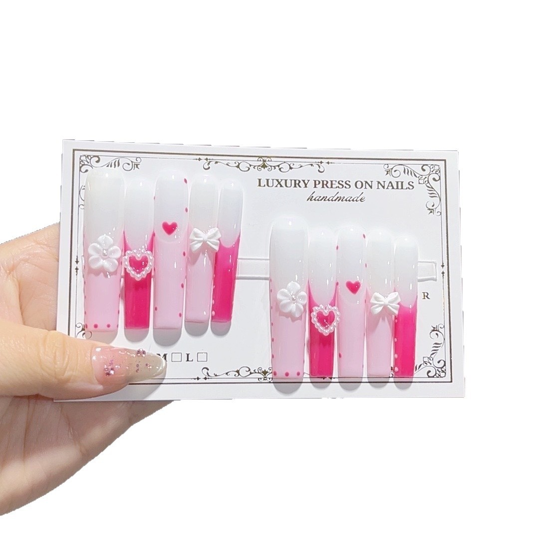 10Pcs Heart Floral Relief Carved Long Tapered Press On Nails For Dating