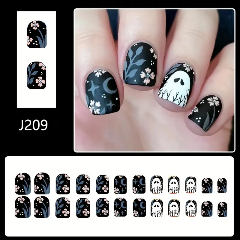 Square Acrylic Press-On Nails 24pcs | Short Set Floral Night Ghosts Design