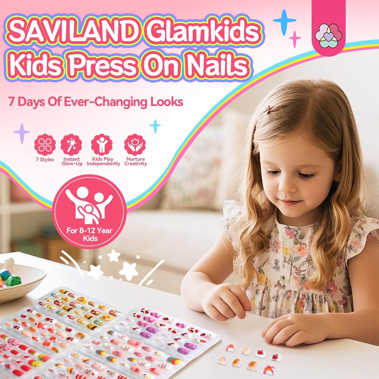 168Pcs 7 Pack Press on Nails for Kids: Funky-bright Fake Nails for Kids 8-12 …
