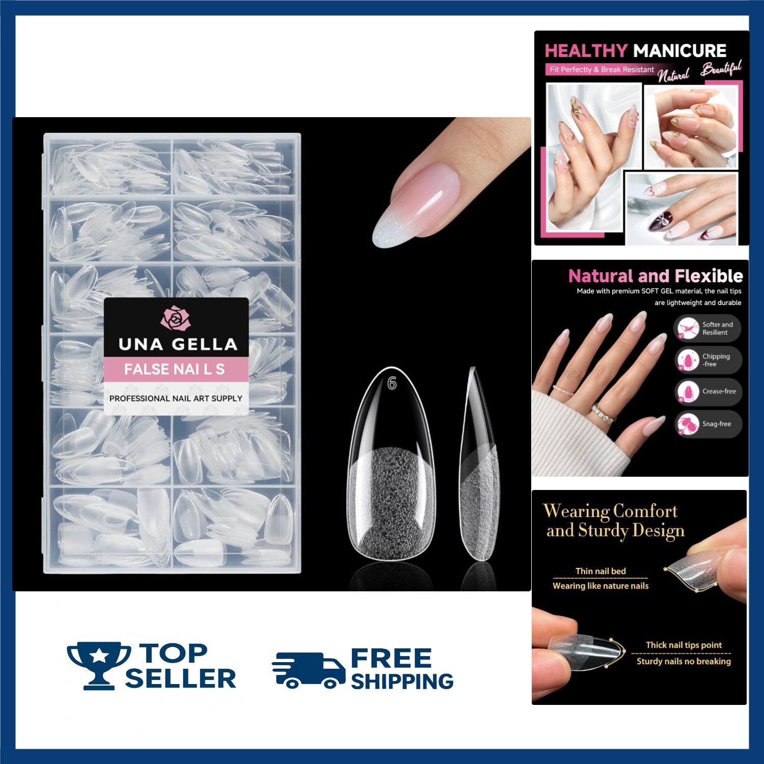UNA GELLA Almond Gel Nail Tips 504PCS, Medium Clear Full Cover Soft Press On