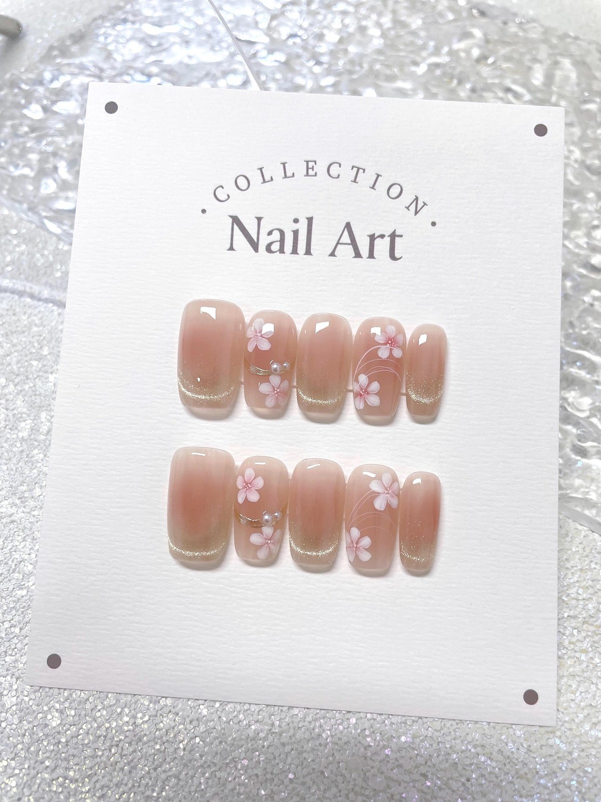 Handmade Pink Floral Gold Glitter Pearl Medium Round Press on Nails Set