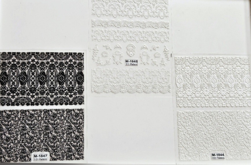 NWT 》3 SHEETS《 NAIL ART DESIGN BLACK & WHITE FAUX LACE SELF-SEAL STICKERS!