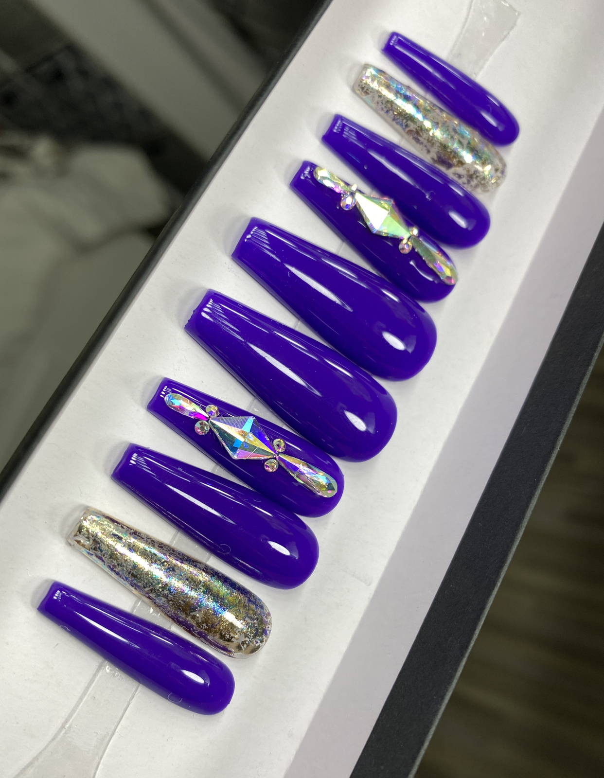 Luxury Gel Press On Nails,Marine W Bling , Long Coffin, 10p Nail Set W/ kit