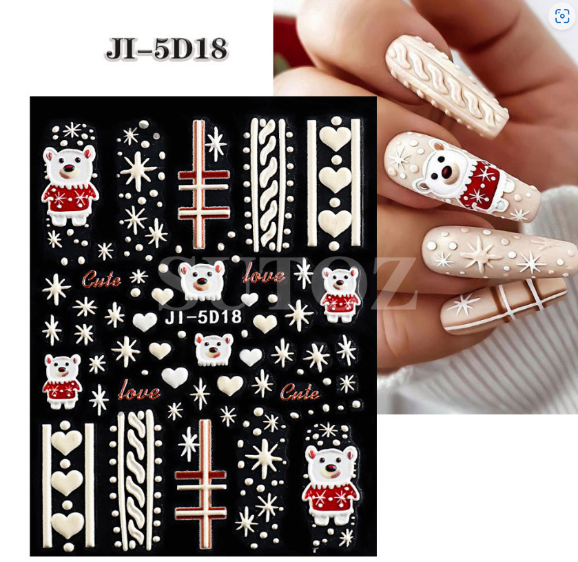 Christmas New Year 5D Embossed White Snowflake Bear Nail Art Stickers Decals