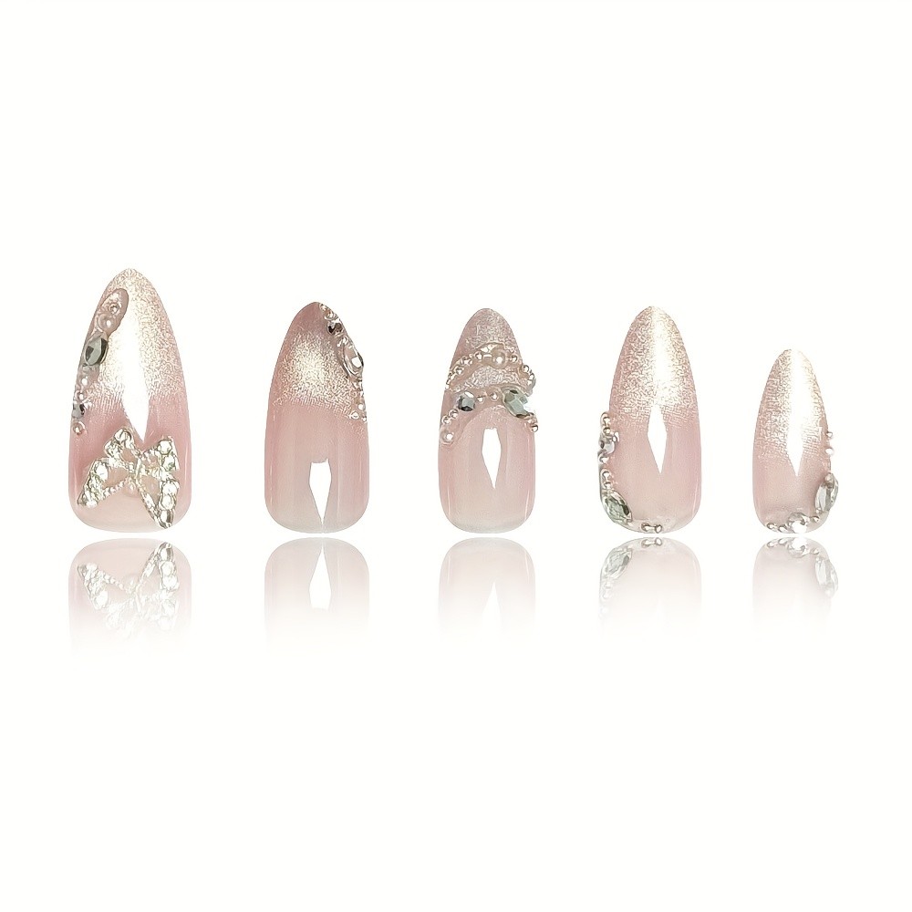 48Pcs-Stiletto Press on Nails Silver Butterfly Rhinestone Glitter Fake Nails Set