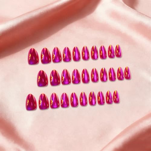 Chrome Hot Pink Press on Nails Short Almond, Glitter Cat Eye almond hot pink