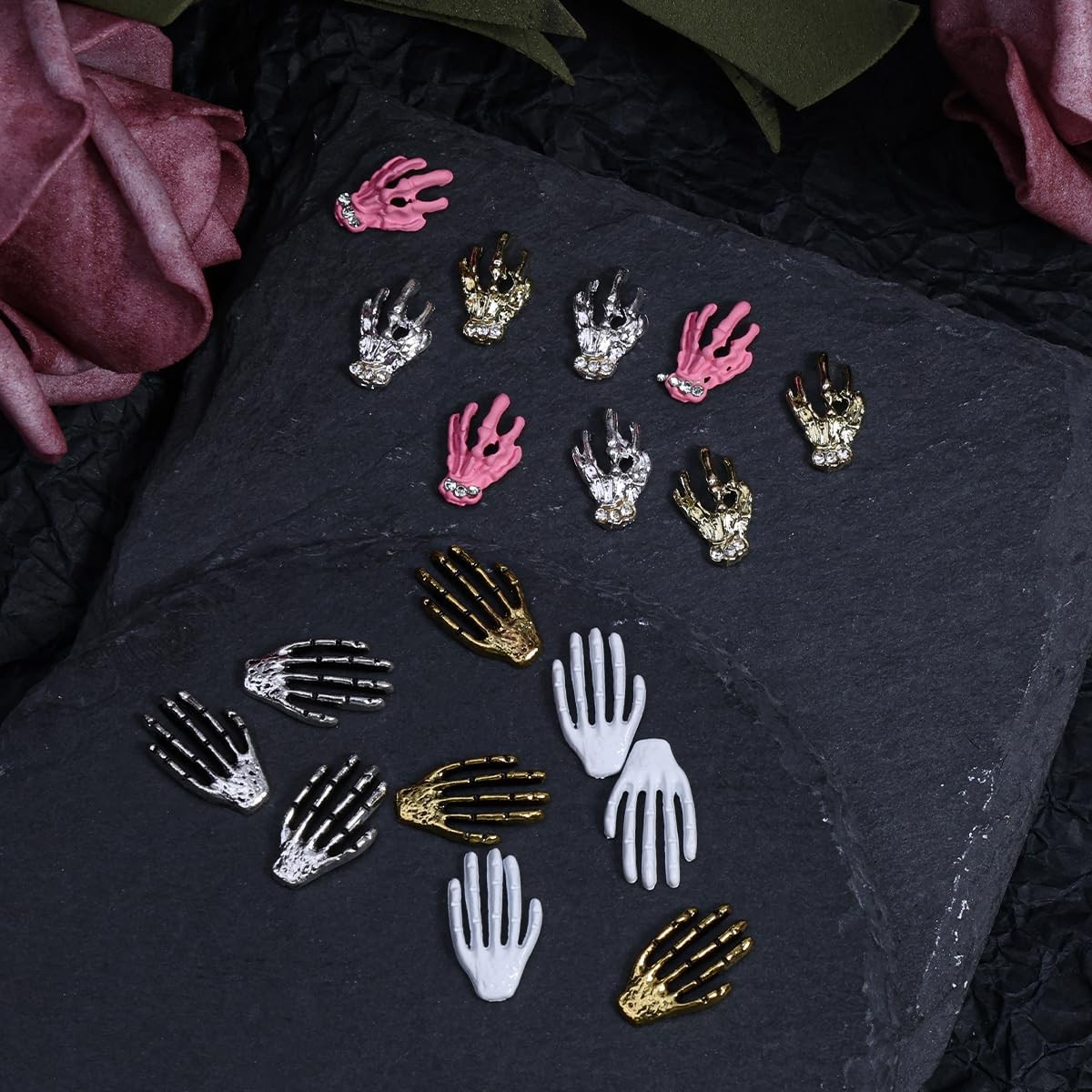 18Pcs Halloween Hand Skeleton Nail Charms 3D Gold Silver Red Skull Alloy Nail…