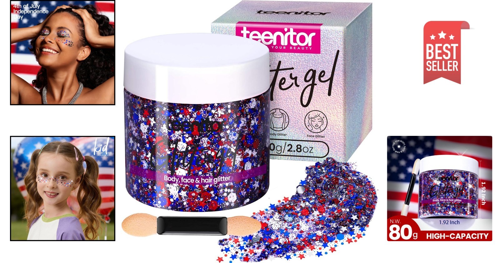 Gorgeous 80g Red White & Blue Face & Body Glitter Gel – 4th of July Essentials