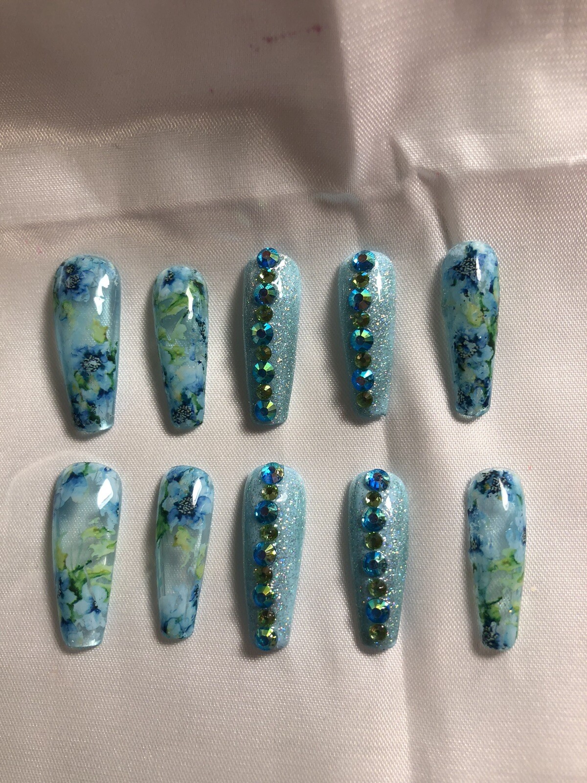 Z NAILZ! Gorgeous Set Of Handmade Custom Floral Blue Coffin Press On Nails