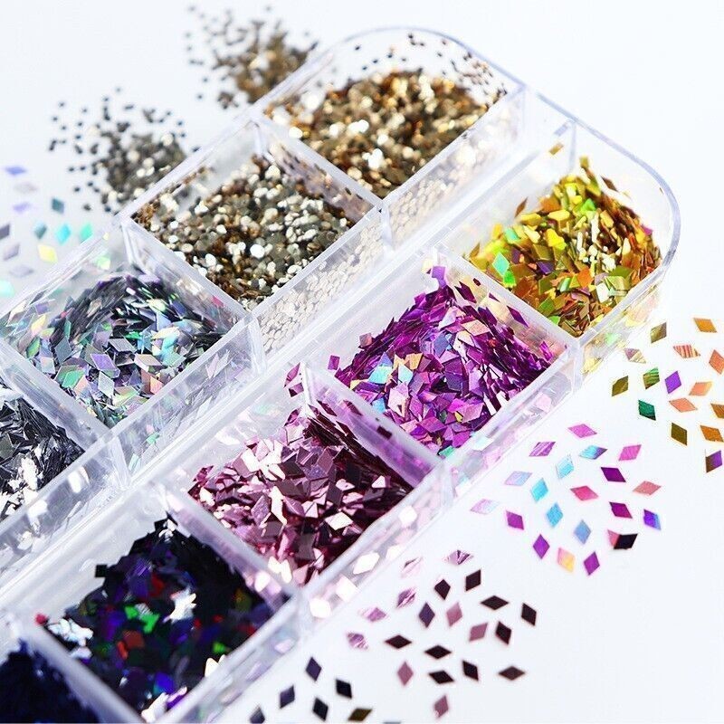 12 Grids Colorful Glitter Rhombus Design Nail Art Sequins Nails Stickers Decor