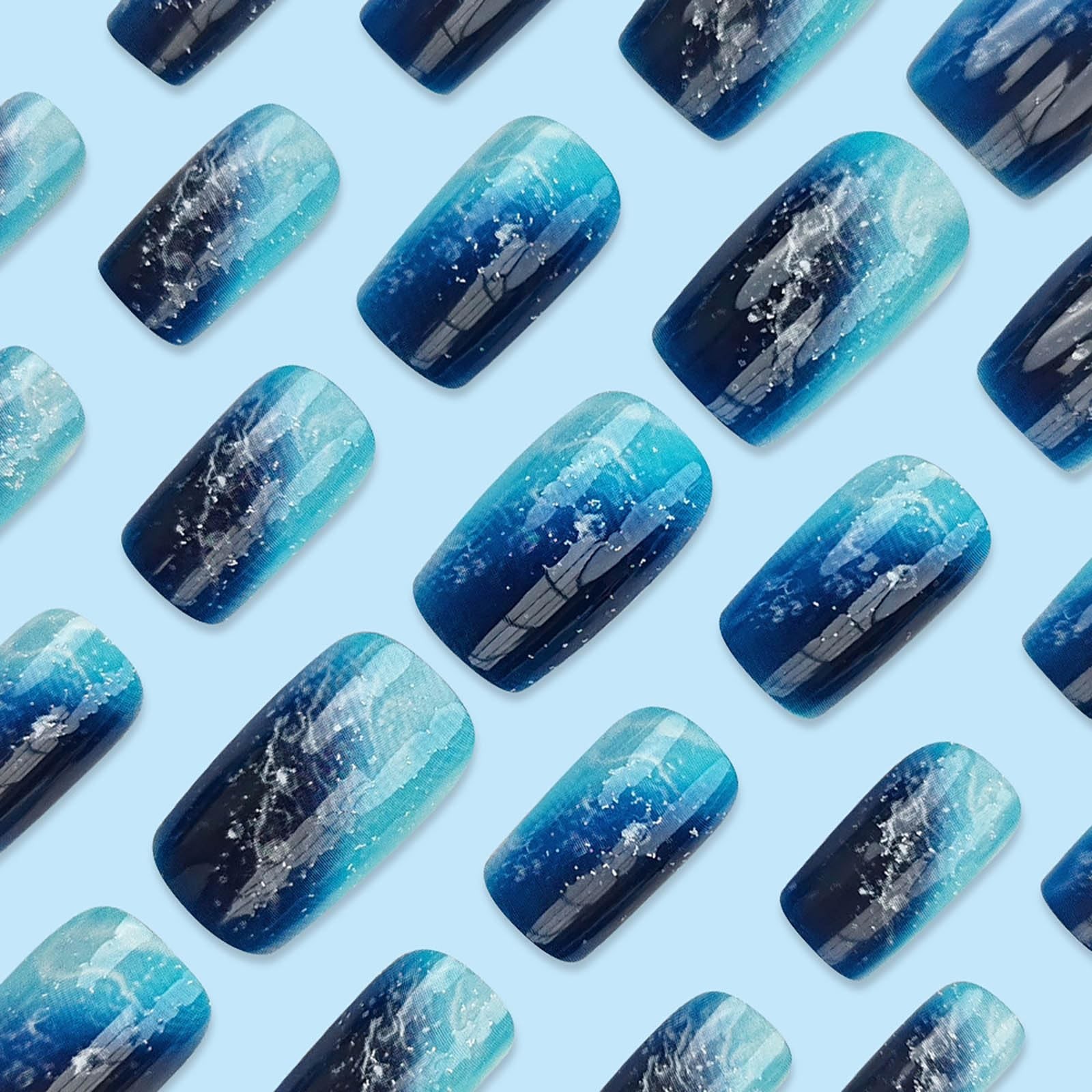 Ocean Wave Blue Press On Nails with Glitter & 3D Bubble Effect