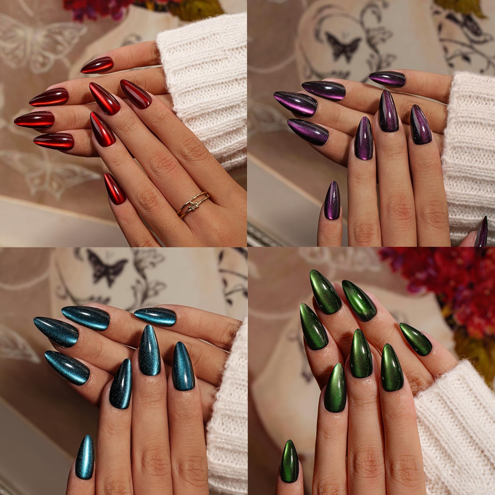 4 Packs Press On Nails Almond, Cat Eye Press On Nails Medium Stiletto, Dark F…