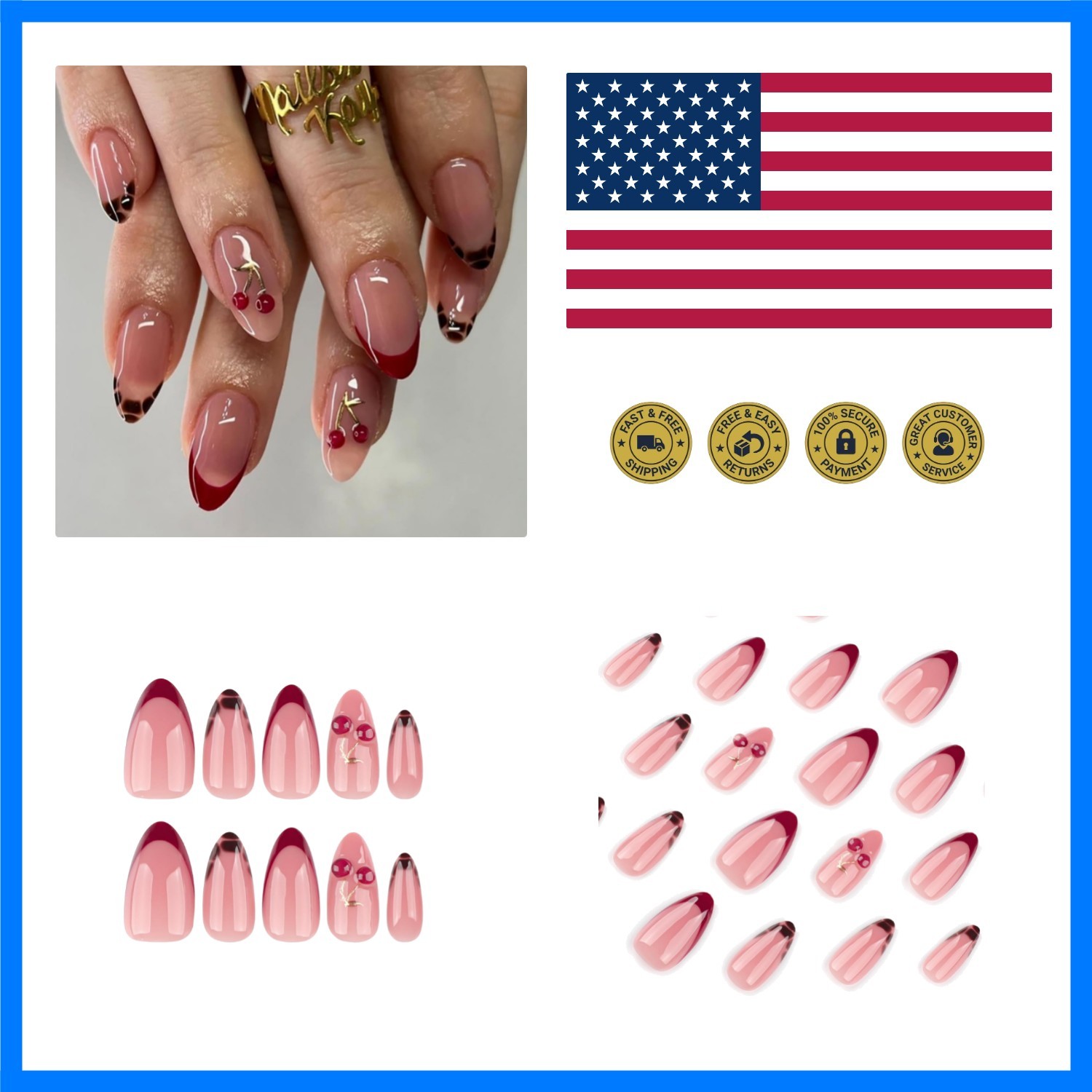 Medium Press On Nails Almond – 3D Cherry Design with Gold Branch, Red French …
