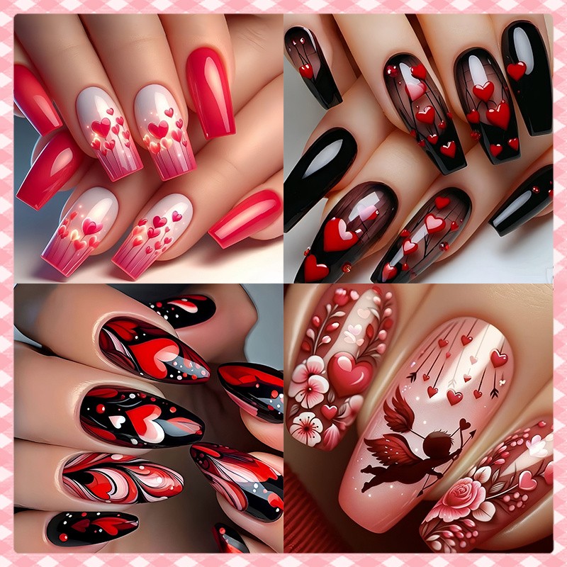 96Pcs Valentine’s Day Medium Ballet Press On Nails Cute Heart Cartoon Sweet
