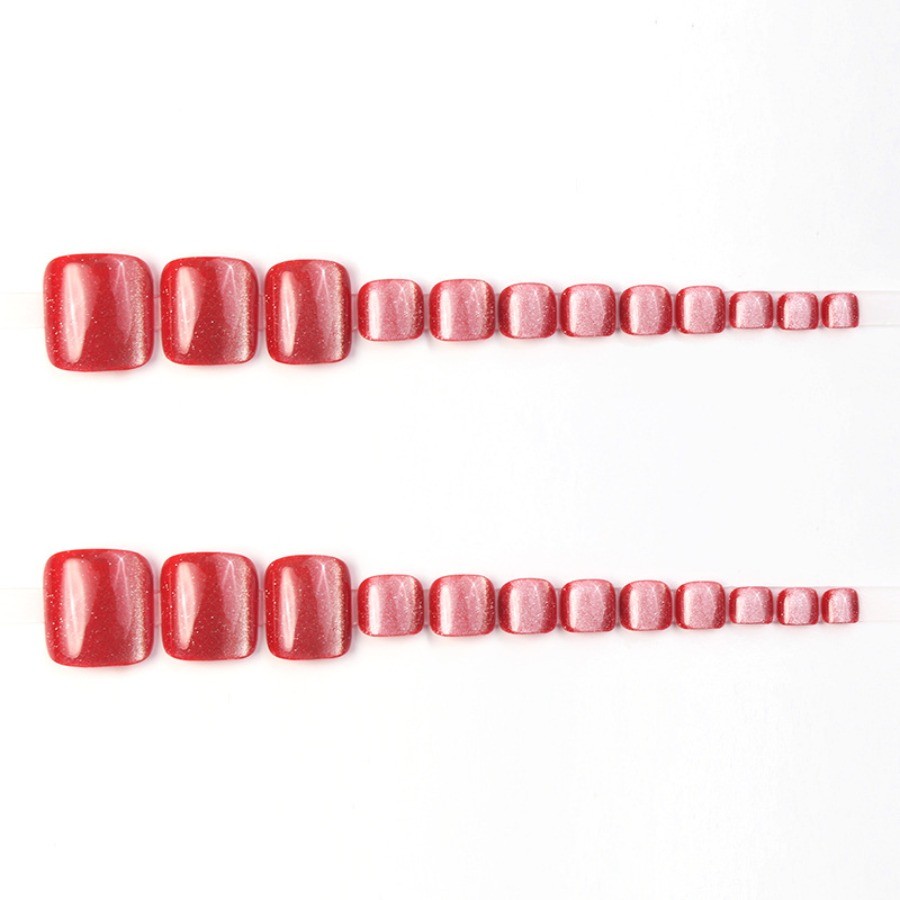 48Pcs-Short Square Red Cat Eye Glitter Simple Toe Press on Nails