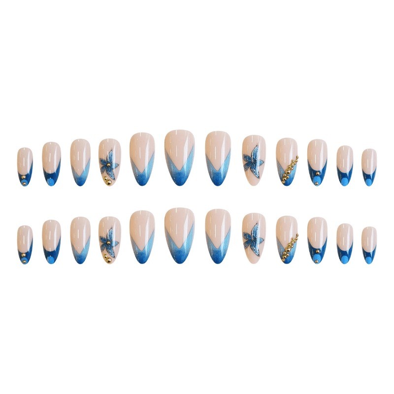 48 Pieces of Light Blue Gold-plated Flower Removable Nails, Suitable for Women