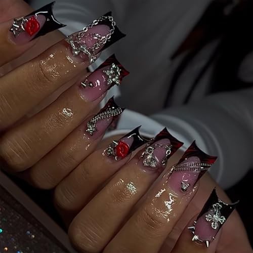 24 Pcs Press on Nails Medium Pink Nail Tips Medium Square 3D Alloy Nail Charms
