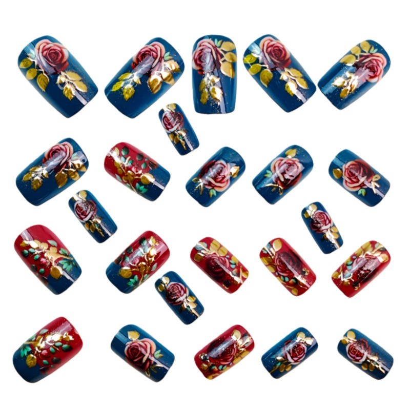 48Pcs-Short Square Teal Burgundy Rose Gold Leaf Hand Painted Press on Nails Set