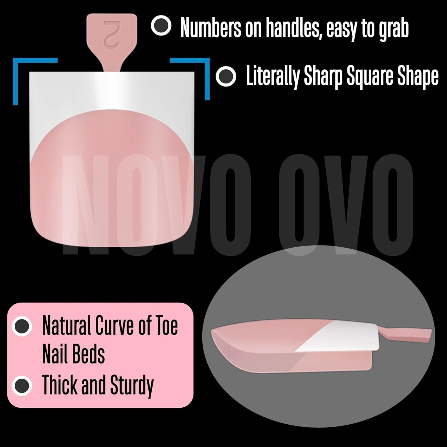 NOVO OVO French Tip Medium, Sharp Square tip Toe Nail Tips BabyPink