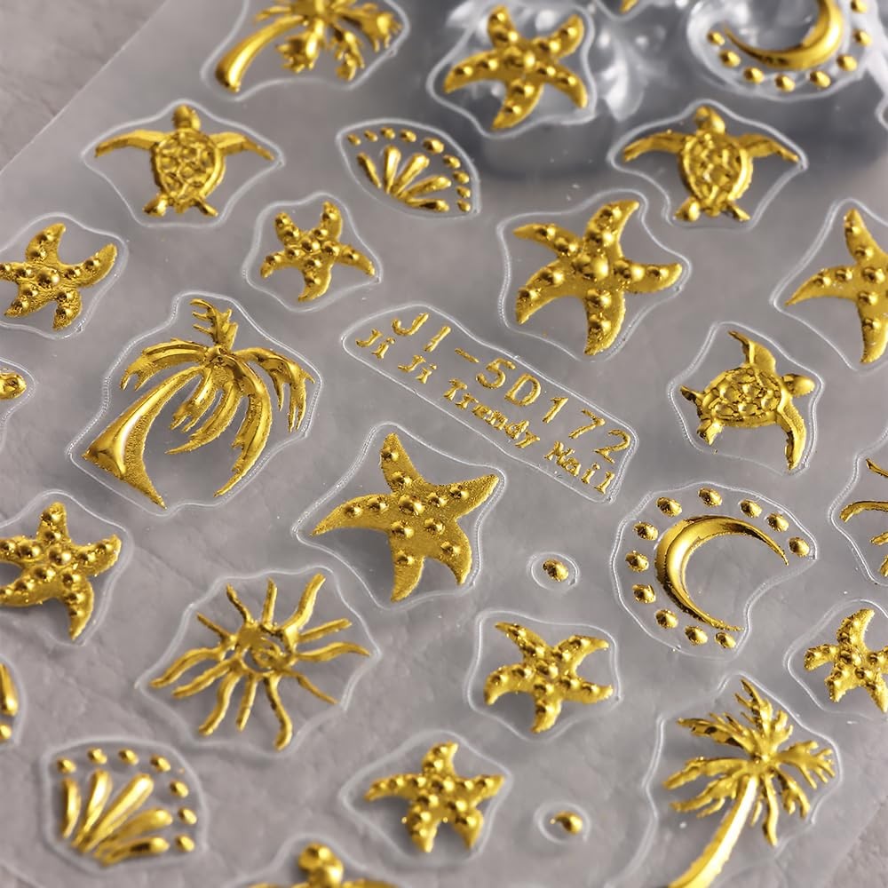Summer Nail Stickers for Nail Art, 5D Embossed Gold Ocean Nail Decals Starfis…