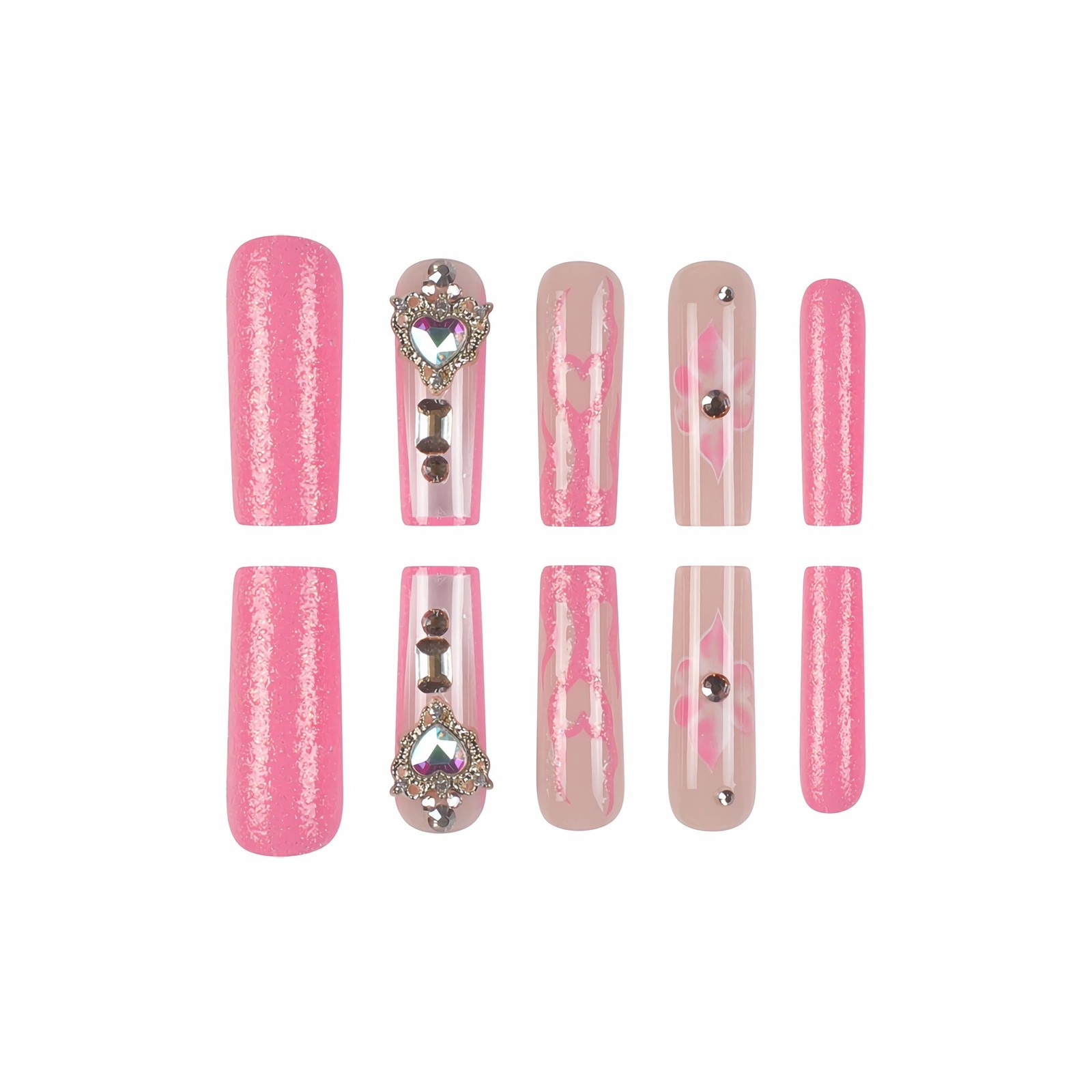 Press on Nails Long Square Fake nails Pink Glitter Glue on with heart Charm L…