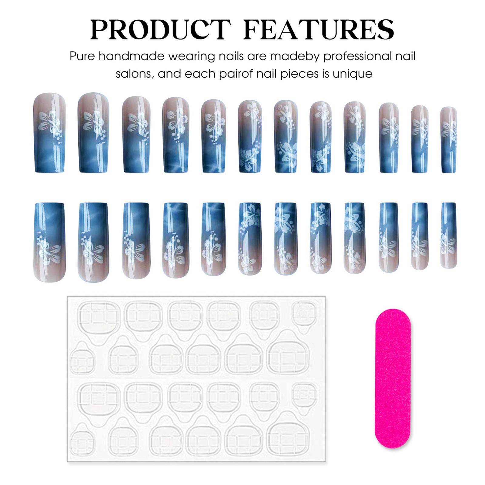 Press On Nails Blue Ombre Waves White Flower Removable Rectangle 10 Pcs