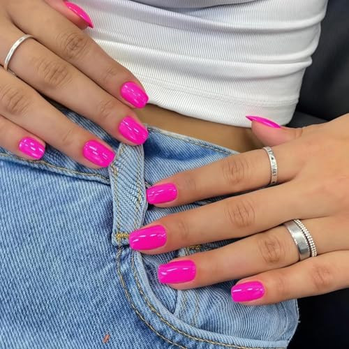 Hot Pink Press on Nails Short Square, Gel Fake Nails glossy square hot pink