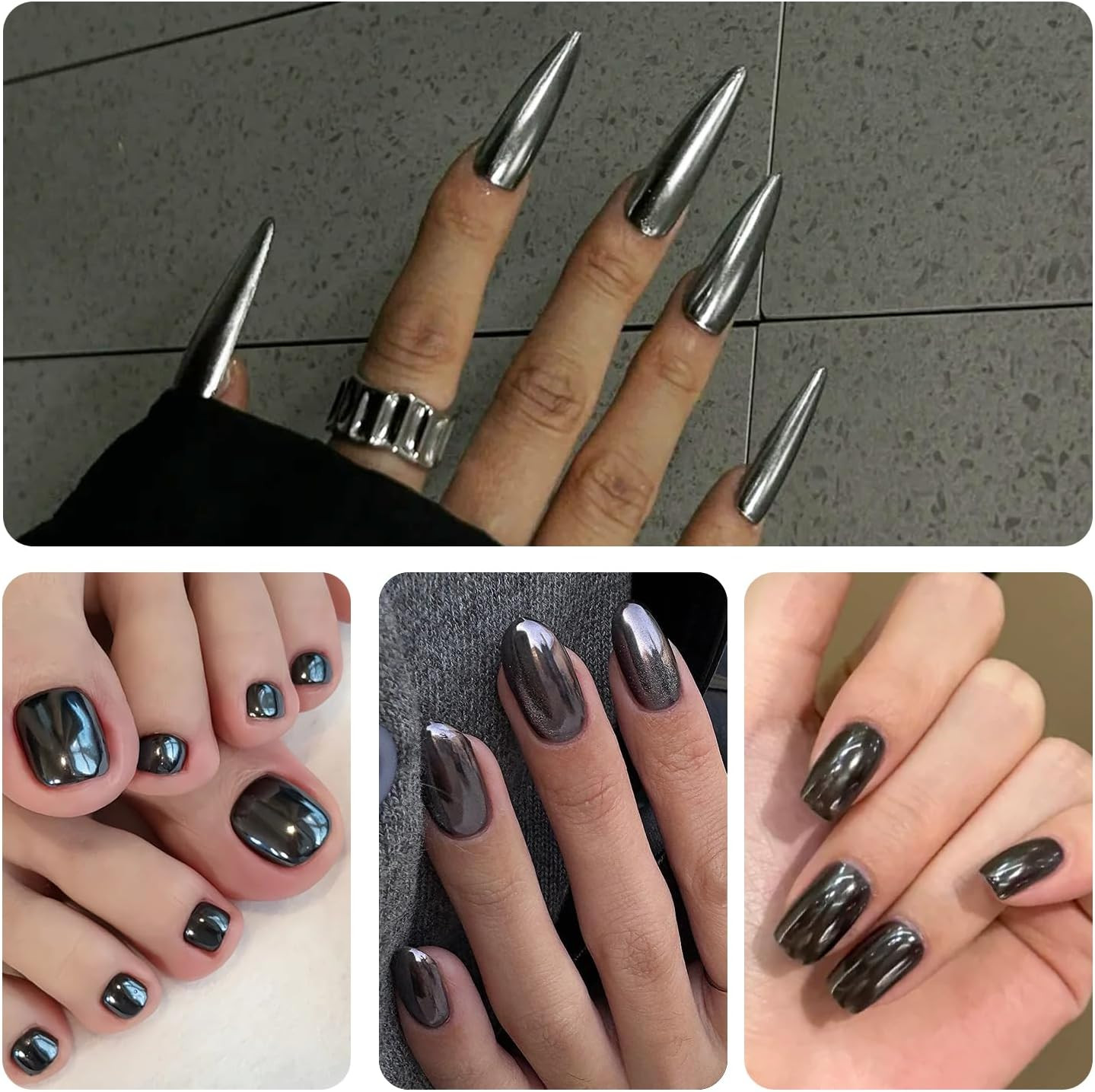 Black Chrome Nail Powder 2PCS Black Metallic Mirror Effect for Nails Extra Fine