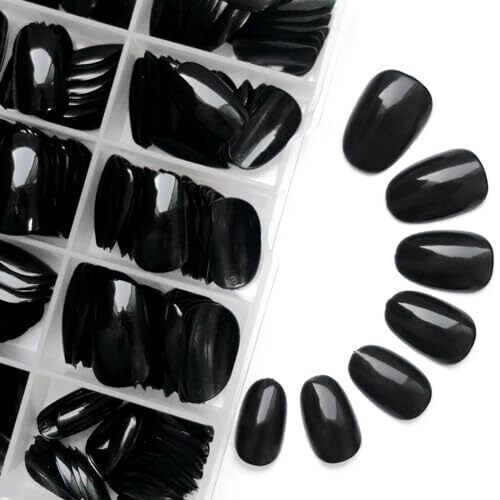 Short Press on Nails Almond Fake Nails Black 240 Round Almond Press on Nail S…