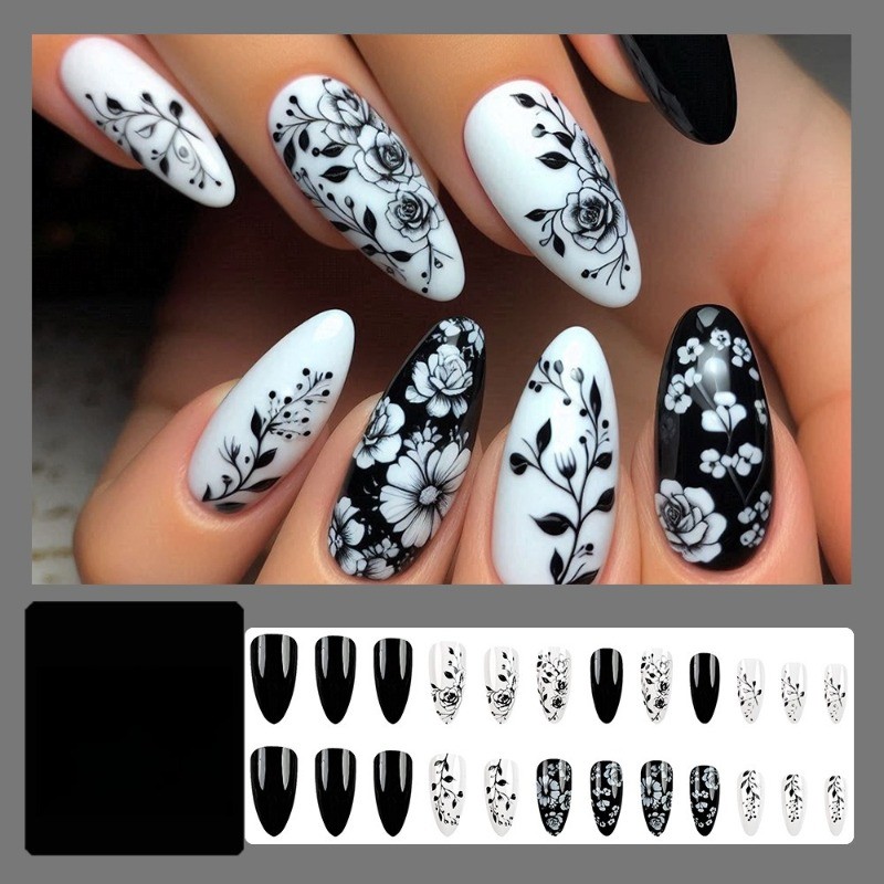 48pcs-Elegant Floral Press on Nails with Black Roses on White and Black Bases