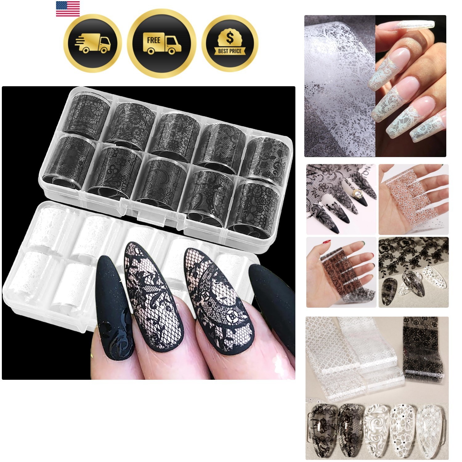 20 Rolls Lace Nail Foil White and Black Nail Transfer Foil Flower Nail Art Fo…