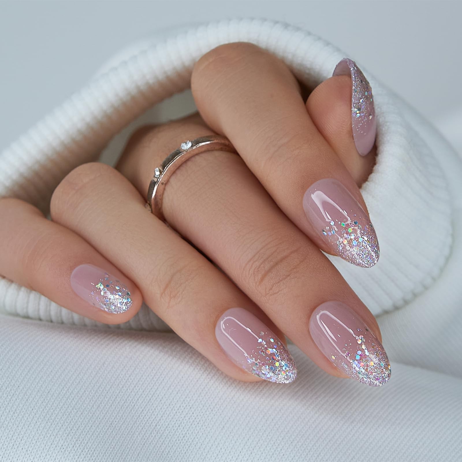 Press On Nails Medium Almond Apricot – 30pcs Handmade Glitter Press on Nails …